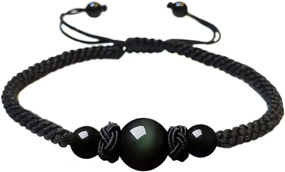 Men Women Hand-woven Lucky Chinese Knot Adjustable Rope Couple Bracelets Natural Red Agate Stone Black Obsidian Ball Beads Braided Handmade Feng Shui Bracelet Lovers Jewelry