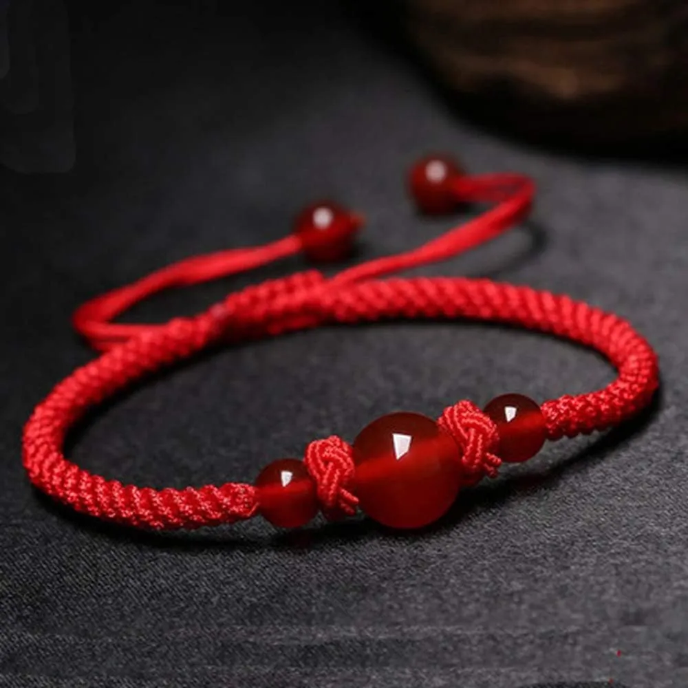 Men Women Hand-woven Lucky Chinese Knot Adjustable Rope Couple Bracelets Natural Red Agate Stone Black Obsidian Ball Beads Braided Handmade Feng Shui Bracelet Lovers Jewelry