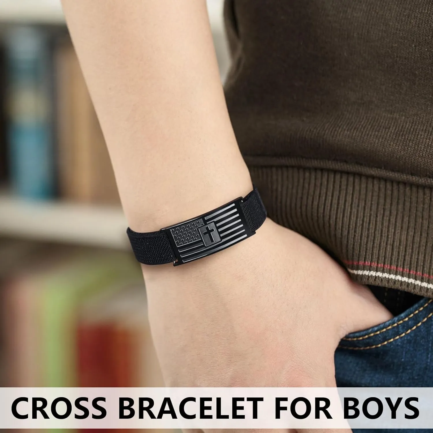 Mens Bracelet - American Flag Christian Cross Bracelet with Bible Verse, Adjustable Black Elastic Stretch Strap - Graduation Birthday Gifts for Men Boys