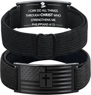 Mens Bracelet - American Flag Christian Cross Bracelet with Bible Verse, Adjustable Black Elastic Stretch Strap - Graduation Birthday Gifts for Men Boys