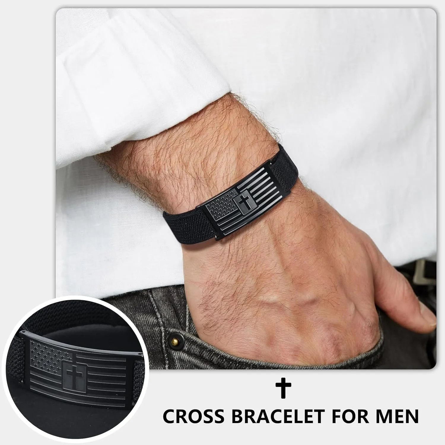 Mens Bracelet - American Flag Christian Cross Bracelet with Bible Verse, Adjustable Black Elastic Stretch Strap - Graduation Birthday Gifts for Men Boys