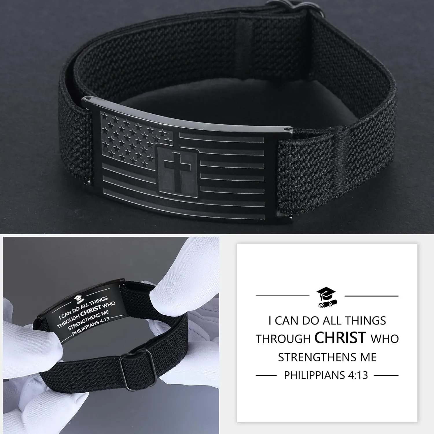 Mens Bracelet - American Flag Christian Cross Bracelet with Bible Verse, Adjustable Black Elastic Stretch Strap - Graduation Birthday Gifts for Men Boys