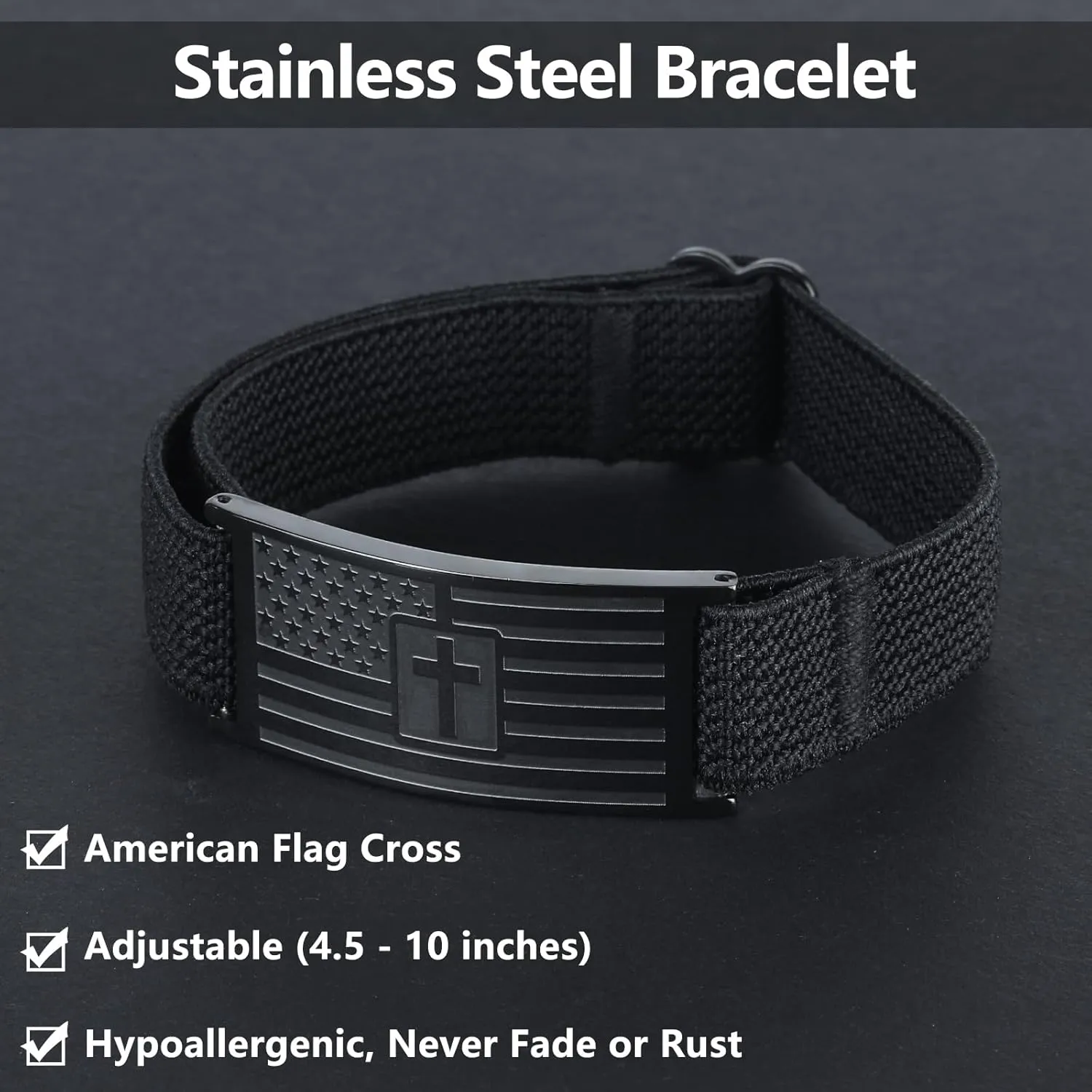 Mens Bracelet - American Flag Christian Cross Bracelet with Bible Verse, Adjustable Black Elastic Stretch Strap - Graduation Birthday Gifts for Men Boys