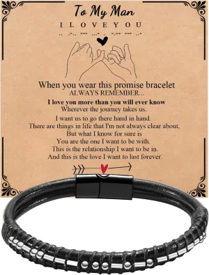 Mens Bracelets Men Morse Code Bracelet Father Dad Husband Son Grandson Brother Boyfriend Father'S Day Birthday Graduation Valentines Day Anniversary Christmas Leather Cuff Bangle I Love You Jewelry Gift for Man Him