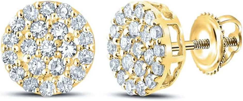 Mens Women Large Trendy Circle 14k Yellow Gold Plated 925 Sterling Silver Hip Hop Round Shape Iced 5A CZ Flower Cluster Screw Back Earrings Jewelry Gifts For Men Women