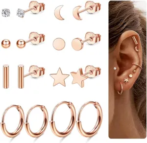 Milacolato 8 Pairs Solid 925 Sterling Silver Earrings for Women Men 14K Gold Plated Tiny Ball Dot Star Moon Bar CZ Stud Earrings Lightweight Small Huggie Hoops Cartilage Earrings Sets for Multiple Piercing Hypoallergenic