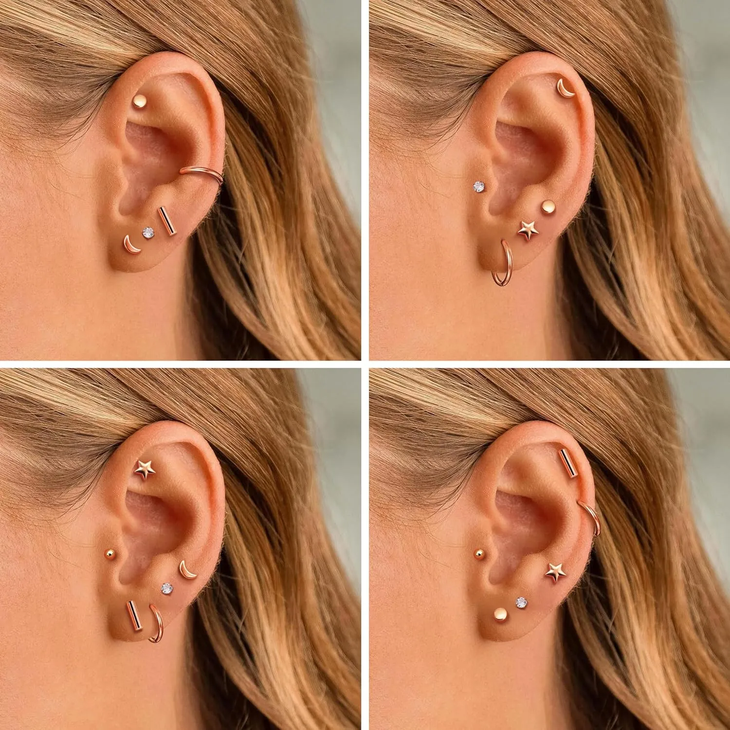 Milacolato 8 Pairs Solid 925 Sterling Silver Earrings for Women Men 14K Gold Plated Tiny Ball Dot Star Moon Bar CZ Stud Earrings Lightweight Small Huggie Hoops Cartilage Earrings Sets for Multiple Piercing Hypoallergenic