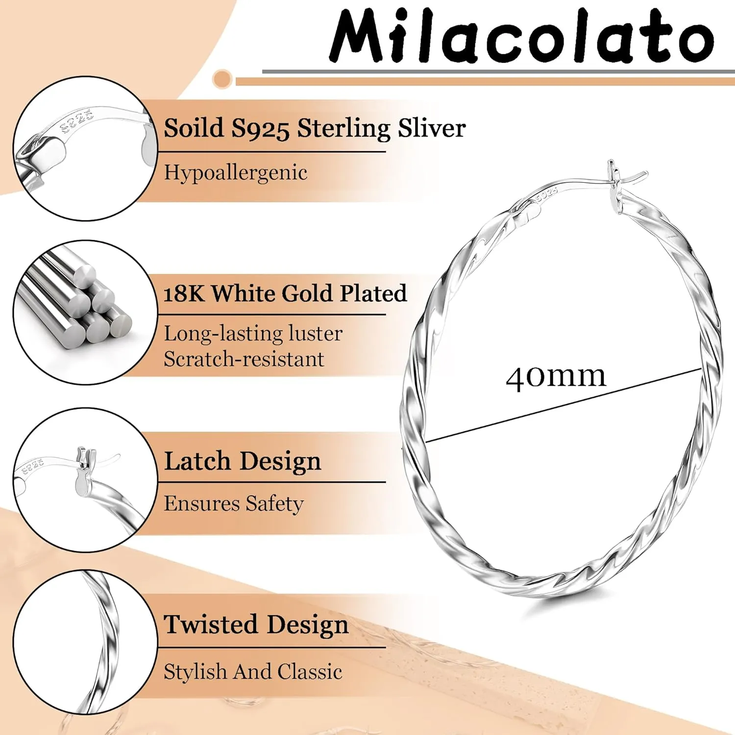 Milacolato 925 Sterling Silver Hoop Earrings for Women 18K White Gold Plated Twisted Hoop Earrings Hypoallergenic Lightweight Click-Top Big Hoop Earrings 13/15/20/25/30/40/50/60mm