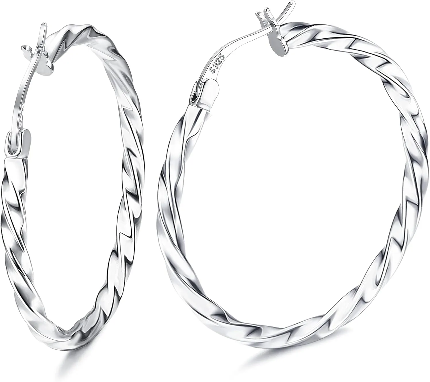 Milacolato 925 Sterling Silver Hoop Earrings for Women 18K White Gold Plated Twisted Hoop Earrings Hypoallergenic Lightweight Click-Top Big Hoop Earrings 13/15/20/25/30/40/50/60mm
