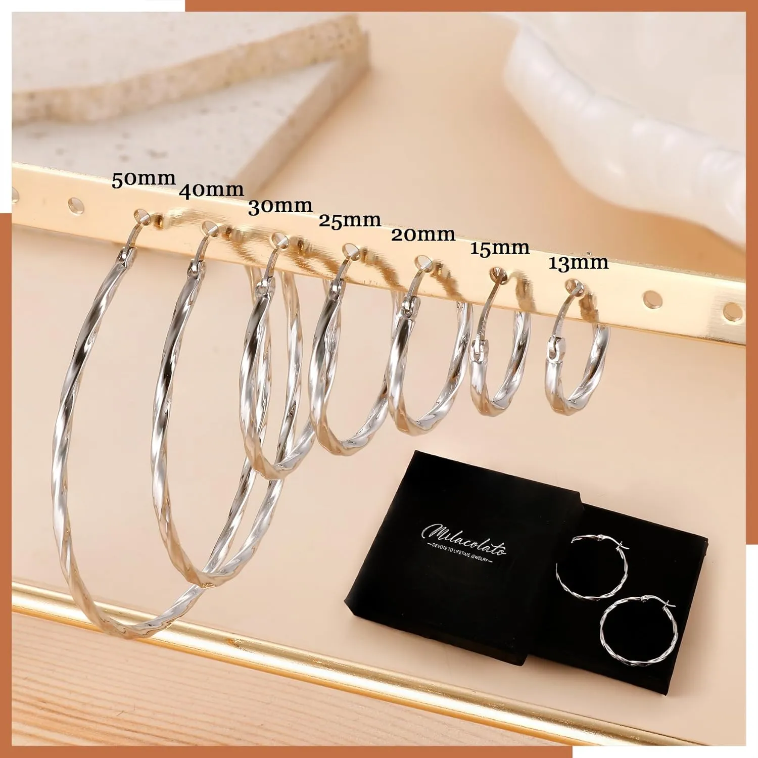 Milacolato 925 Sterling Silver Hoop Earrings for Women 18K White Gold Plated Twisted Hoop Earrings Hypoallergenic Lightweight Click-Top Big Hoop Earrings 13/15/20/25/30/40/50/60mm