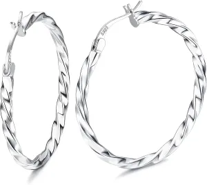 Milacolato 925 Sterling Silver Hoop Earrings for Women 18K White Gold Plated Twisted Hoop Earrings Hypoallergenic Lightweight Click-Top Big Hoop Earrings 13/15/20/25/30/40/50/60mm