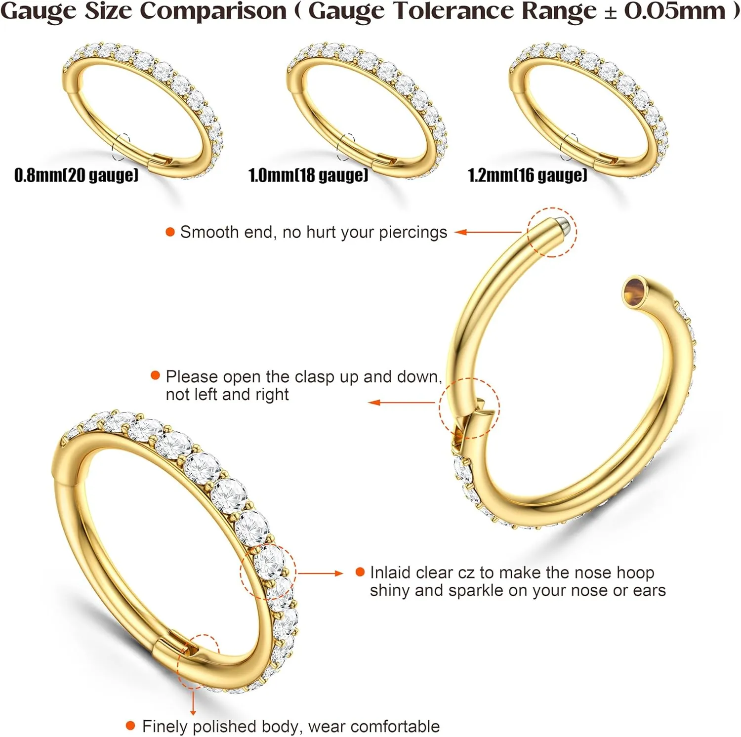 MILACOLATO G23 Titanium Nose Rings Hoops 16G 18G 20G Double Hoop Septum Click Nose Rings Lip Rook Lobe Tragus Helix Cartilage Daith Conch Earrings Clear CZ Paved Nose Piercing Jewelry for Women Men