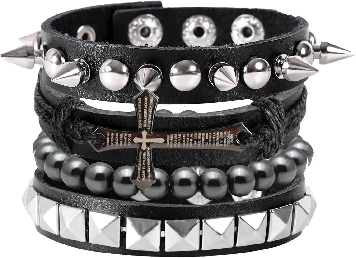 MILAKOO 4Pcs Punk Gothic Braided Leather Bracelet for Women Men with Stone Beads Stretch Wristband Adjustbale
