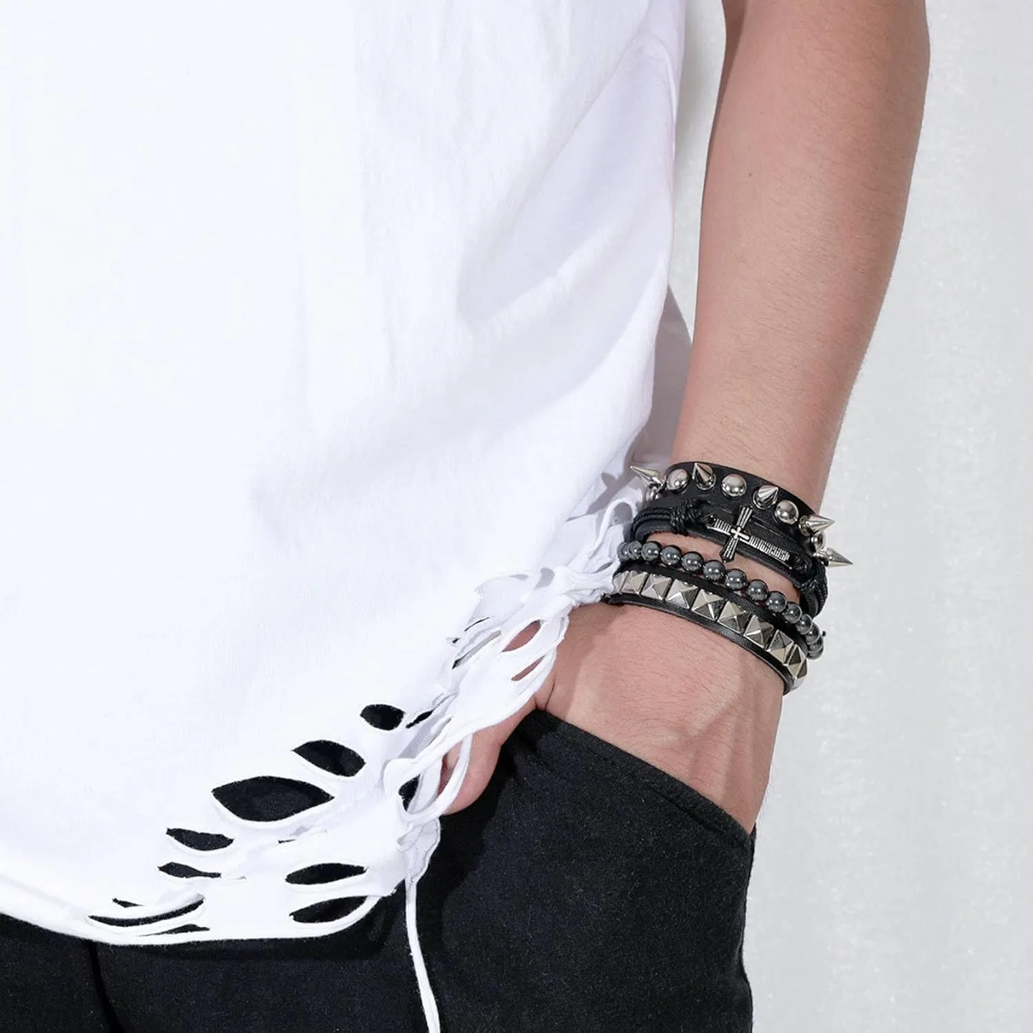 MILAKOO 4Pcs Punk Gothic Braided Leather Bracelet for Women Men with Stone Beads Stretch Wristband Adjustbale