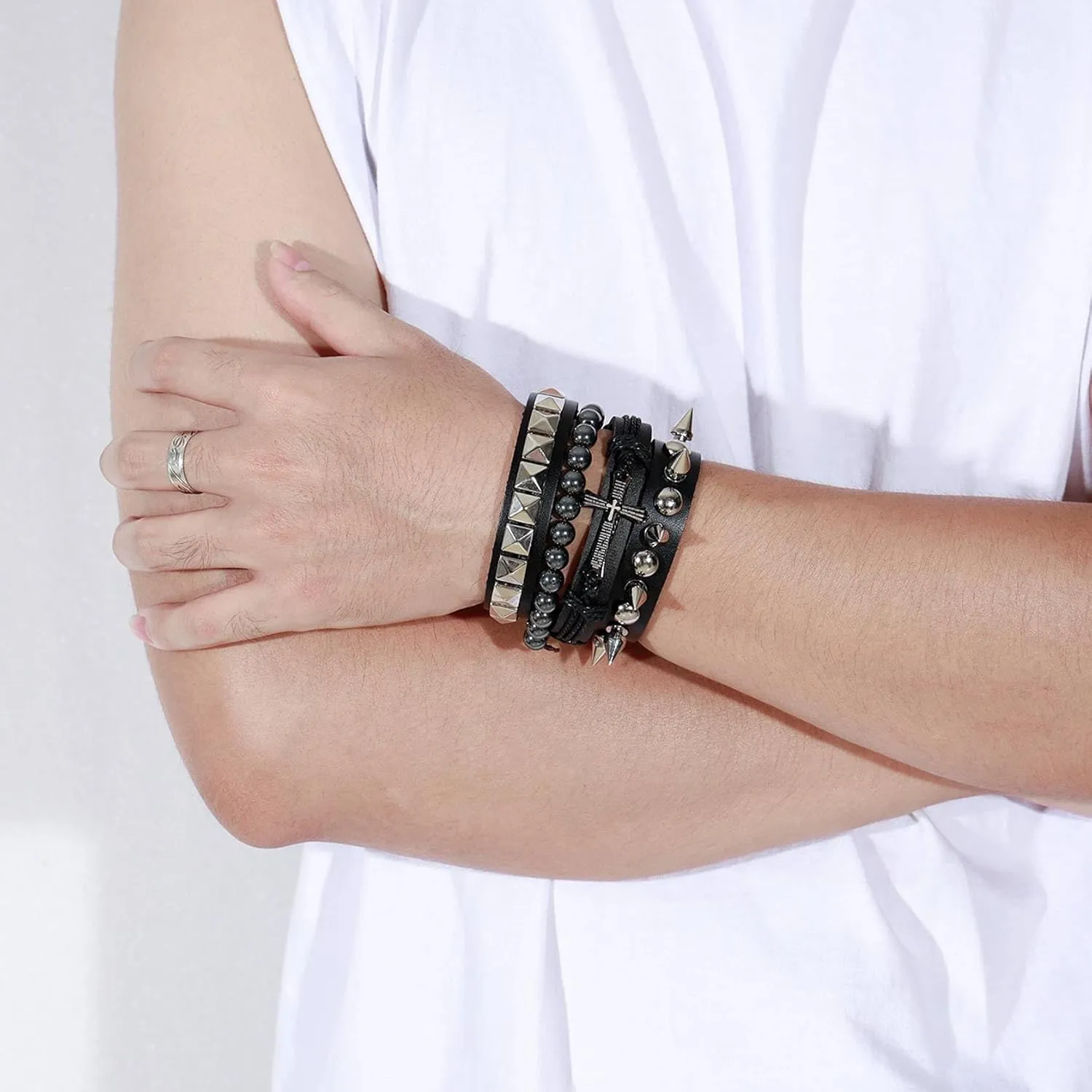MILAKOO 4Pcs Punk Gothic Braided Leather Bracelet for Women Men with Stone Beads Stretch Wristband Adjustbale