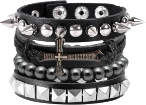 MILAKOO 4Pcs Punk Gothic Braided Leather Bracelet for Women Men with Stone Beads Stretch Wristband Adjustbale