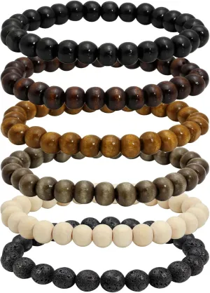 MILAKOO 6Pcs Natural Wood Bracelets for Men Women Lava Rock Stone Beads Yoga Stretch Bracelet
