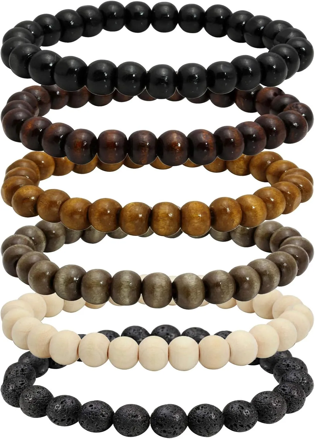 MILAKOO 6Pcs Natural Wood Bracelets for Men Women Lava Rock Stone Beads Yoga Stretch Bracelet
