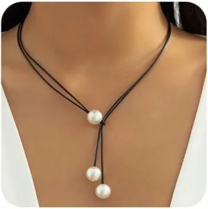 Missgrace Boho Simple Black Chain Layered Punk Pearls Choker Necklace Adjustable Black Halloween Simple Statement Necklaces for Women