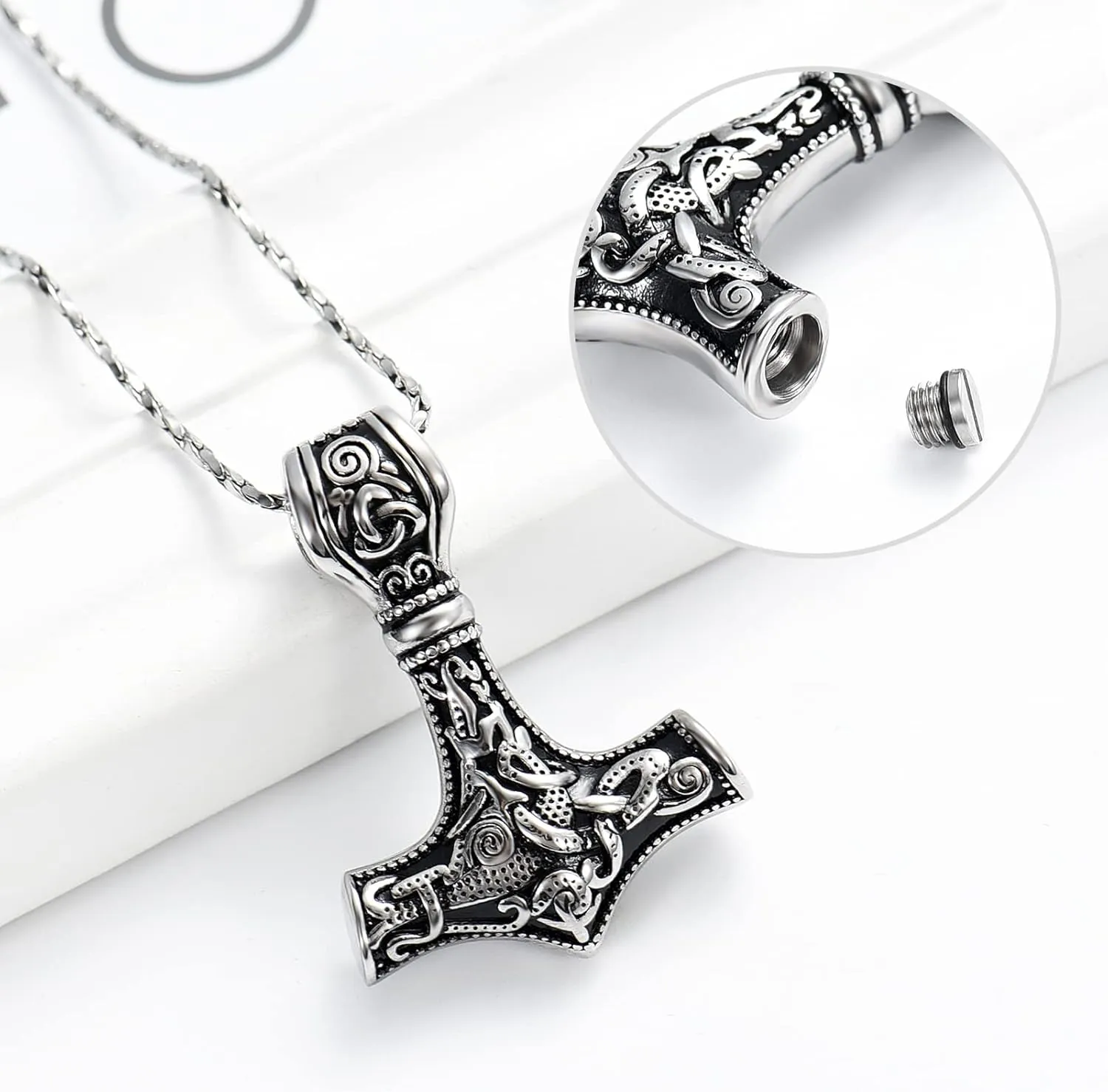 Mjolnir Thors Hammer Cremation Jewelry for Ashes Pendant - Thors Hammer Urn Necklace with Mini Keepsake Urn Memorial Ash Jewelry For Men/Women