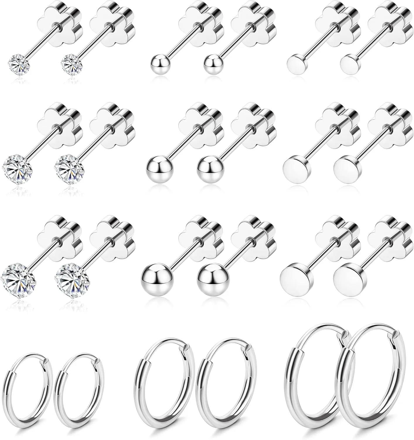MJust Hypoallergenic Stainless Steel Flat Back Earrings for Women & Men, 12 Pairs (9 Prs Studs & 3 Prs Hoops) Surgical Steel Screw Back Cartilage Earrings Set for Sensitive Ears
