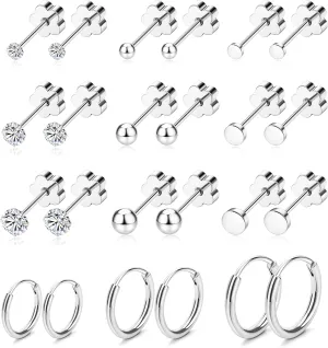 MJust Hypoallergenic Stainless Steel Flat Back Earrings for Women & Men, 12 Pairs (9 Prs Studs & 3 Prs Hoops) Surgical Steel Screw Back Cartilage Earrings Set for Sensitive Ears