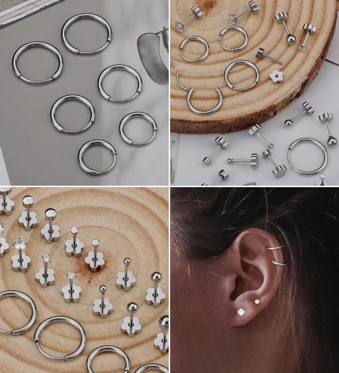 MJust Hypoallergenic Stainless Steel Flat Back Earrings for Women & Men, 12 Pairs (9 Prs Studs & 3 Prs Hoops) Surgical Steel Screw Back Cartilage Earrings Set for Sensitive Ears