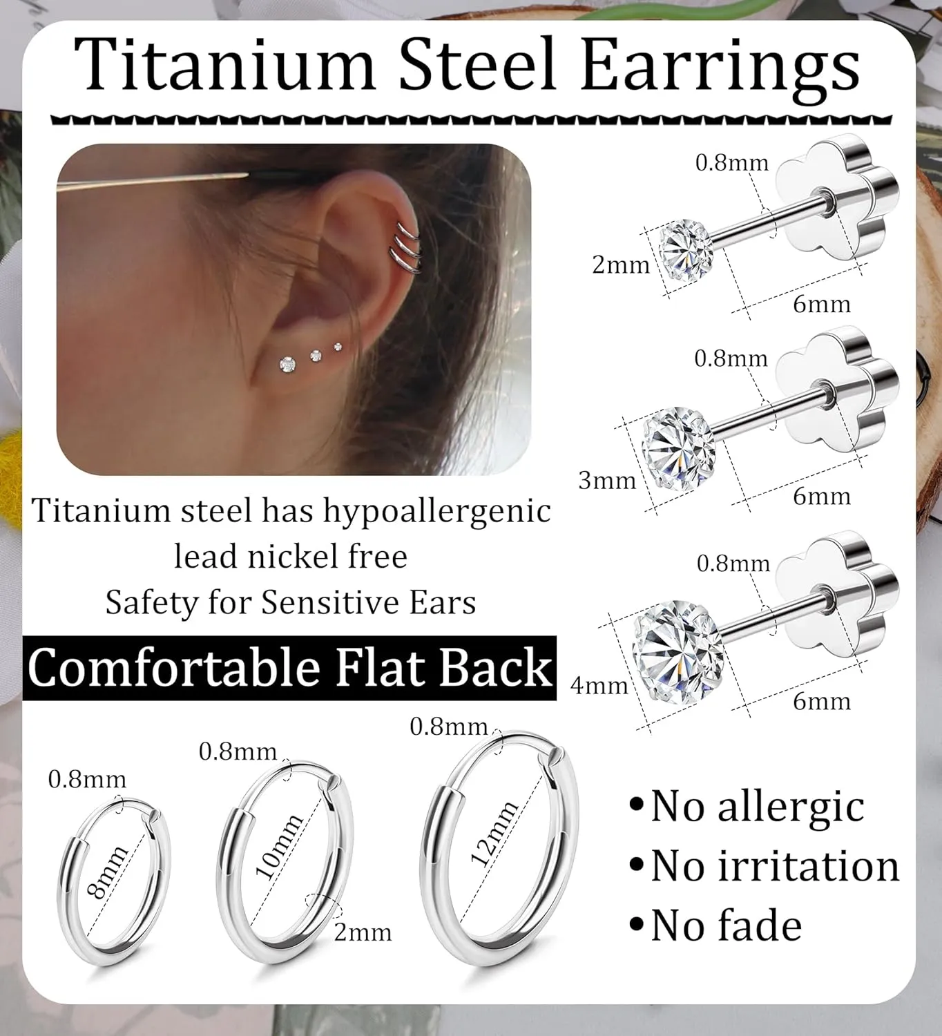 MJust Hypoallergenic Stainless Steel Flat Back Earrings for Women & Men, 12 Pairs (9 Prs Studs & 3 Prs Hoops) Surgical Steel Screw Back Cartilage Earrings Set for Sensitive Ears