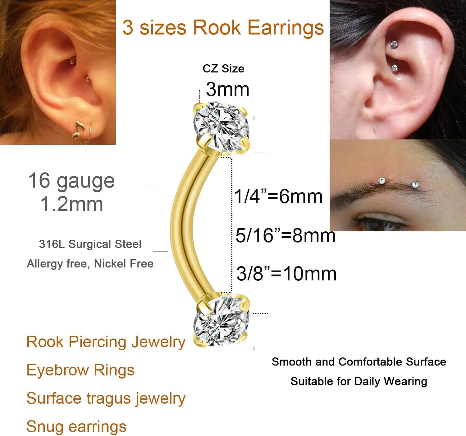 MODRSA Rook Piercing Jewelry Rook Earrings for Women Eyebrow Rings Surgical Steel Vertical Labret Jewelry 16g 14g Curved Barbell Snug Daith Surface Tragus Piercing Jewelry Silver Gold