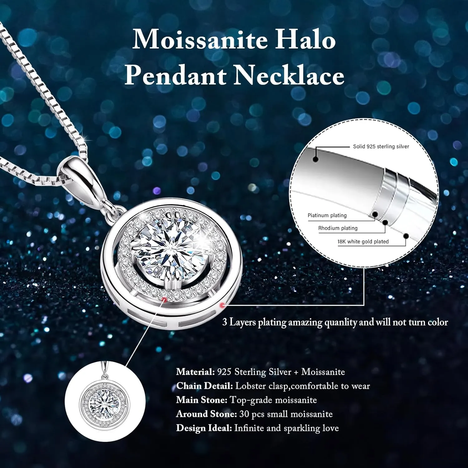 Moissanite Necklace for Women, 1-3CT Halo Round lab-created Imitation Diamond Pendant Necklaces, 925 Sterling Silver Hypoallergenic Jewelry for Anniversary Birthday Valentines Gift