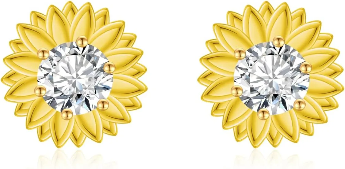 Moissanite Sunflower Earrings for Women - 18K Gold-plated Sunflower Moissanite Earrings Studs Piercing 925 Sterling Silver Real Moissan Hypoallergenic Jewelry