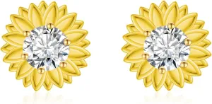 Moissanite Sunflower Earrings for Women - 18K Gold-plated Sunflower Moissanite Earrings Studs Piercing 925 Sterling Silver Real Moissan Hypoallergenic Jewelry
