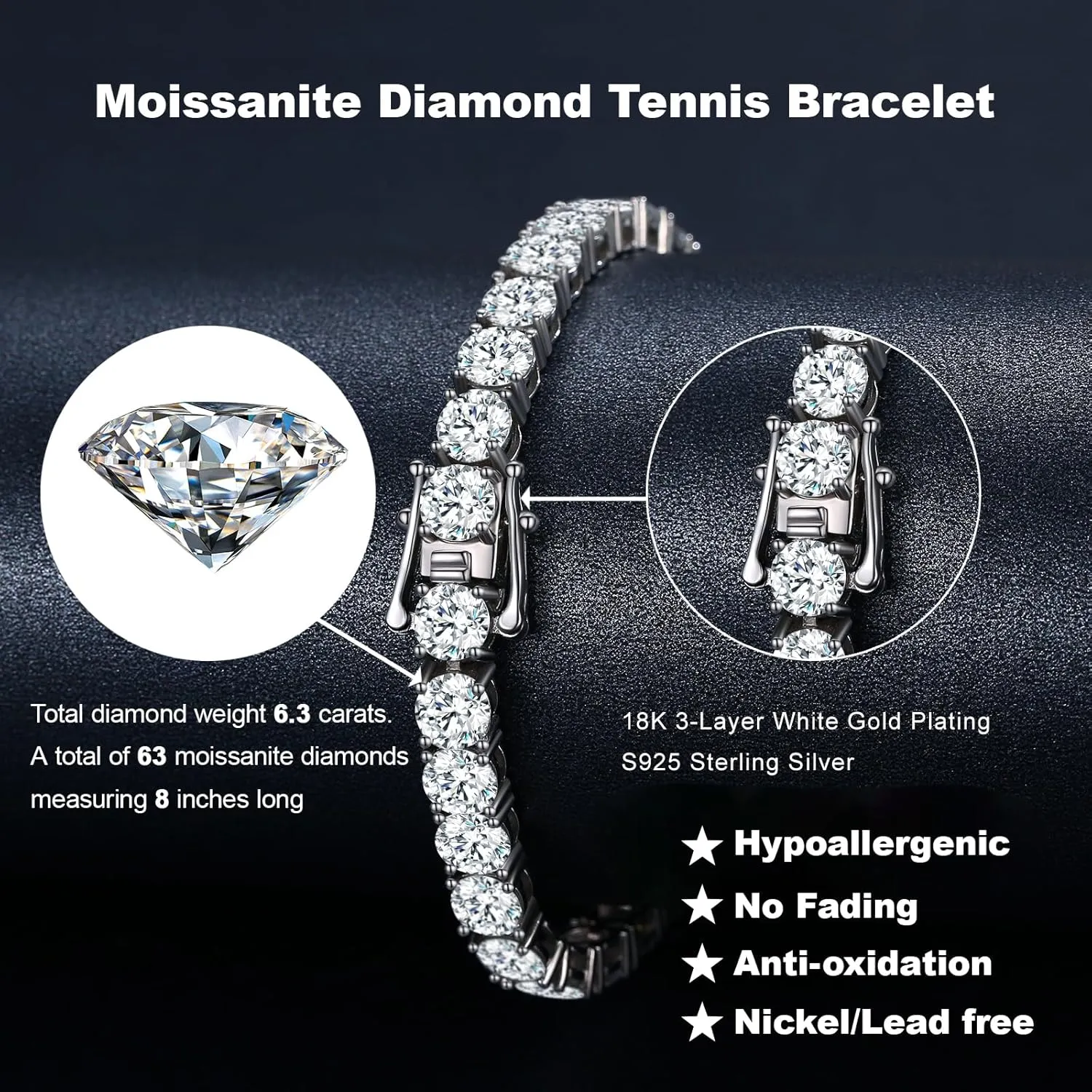 Moissanite Tennis Bracelet,10.5-14 Carats Lab Grown Diamond Tennis Bracelet for Women 18k White Gold Plated 925 Sterling Silver Men's Bracelet 3-4mm D Color VVS1 Round Cut Moissanite Bracelet for Women Men Jewelry Gift