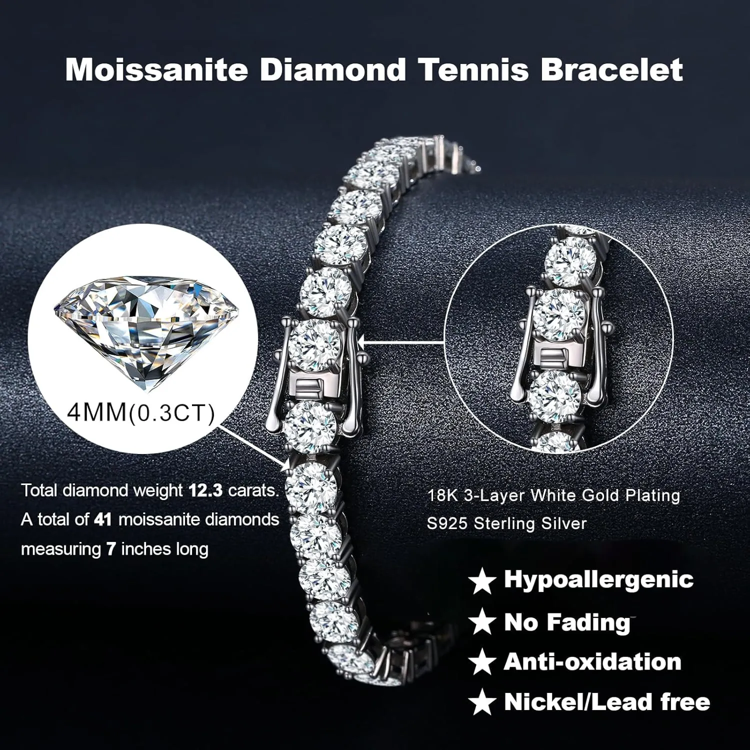Moissanite Tennis Bracelet,10.5-14 Carats Lab Grown Diamond Tennis Bracelet for Women 18k White Gold Plated 925 Sterling Silver Men's Bracelet 3-4mm D Color VVS1 Round Cut Moissanite Bracelet for Women Men Jewelry Gift