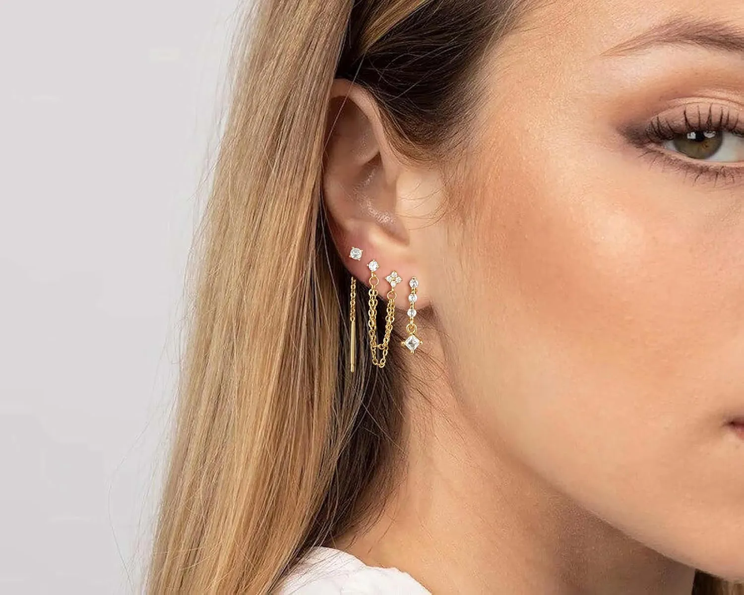 Moodear Gold Dangle Earrings 3/4 Pairs Dainty 14K Gold Plated Chain Earrings for Women Trendy Earring Stacks Set Cubic Zirconia Pearl Hoop Stud Hypoallergenic Earrings for Women Jewelry Gifts