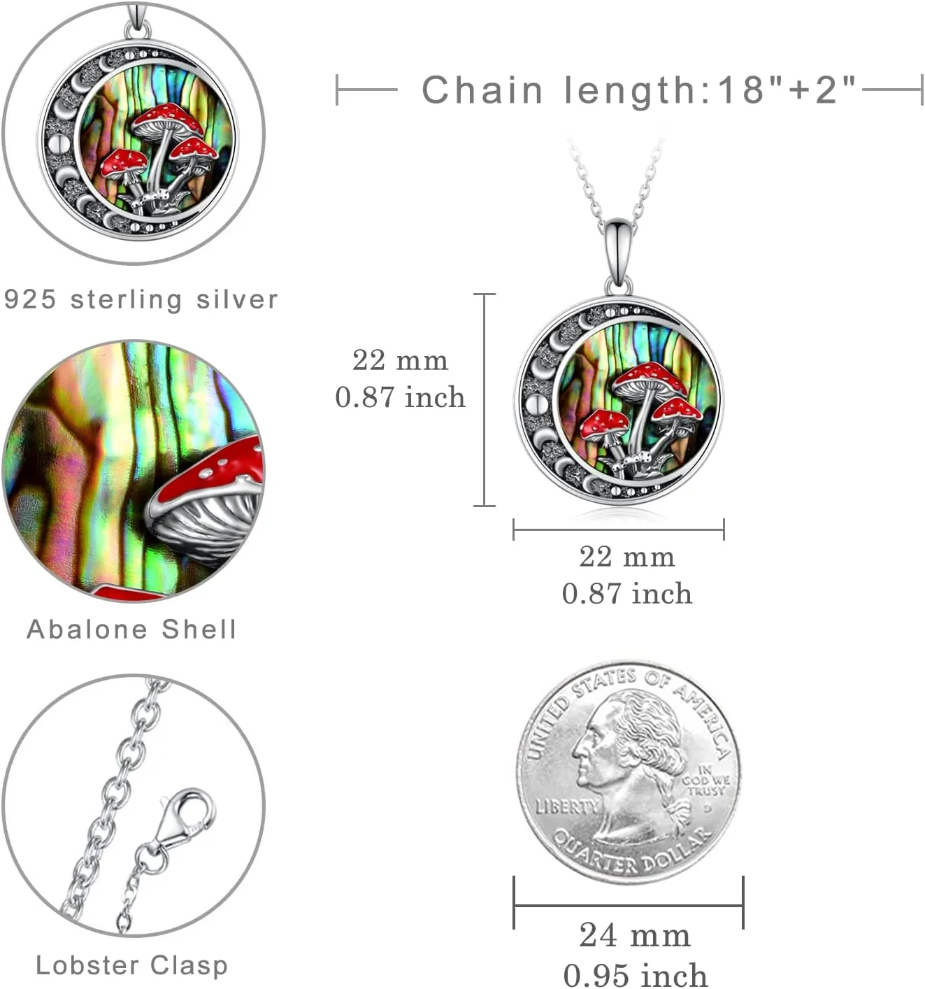 Moon Mushroom Necklace for Women,925 Sterling Silver Magical Red Mushroom Pendant Moon Phase Necklaces,Anniversary Birthday Gifts for Women Mom,18''-20''