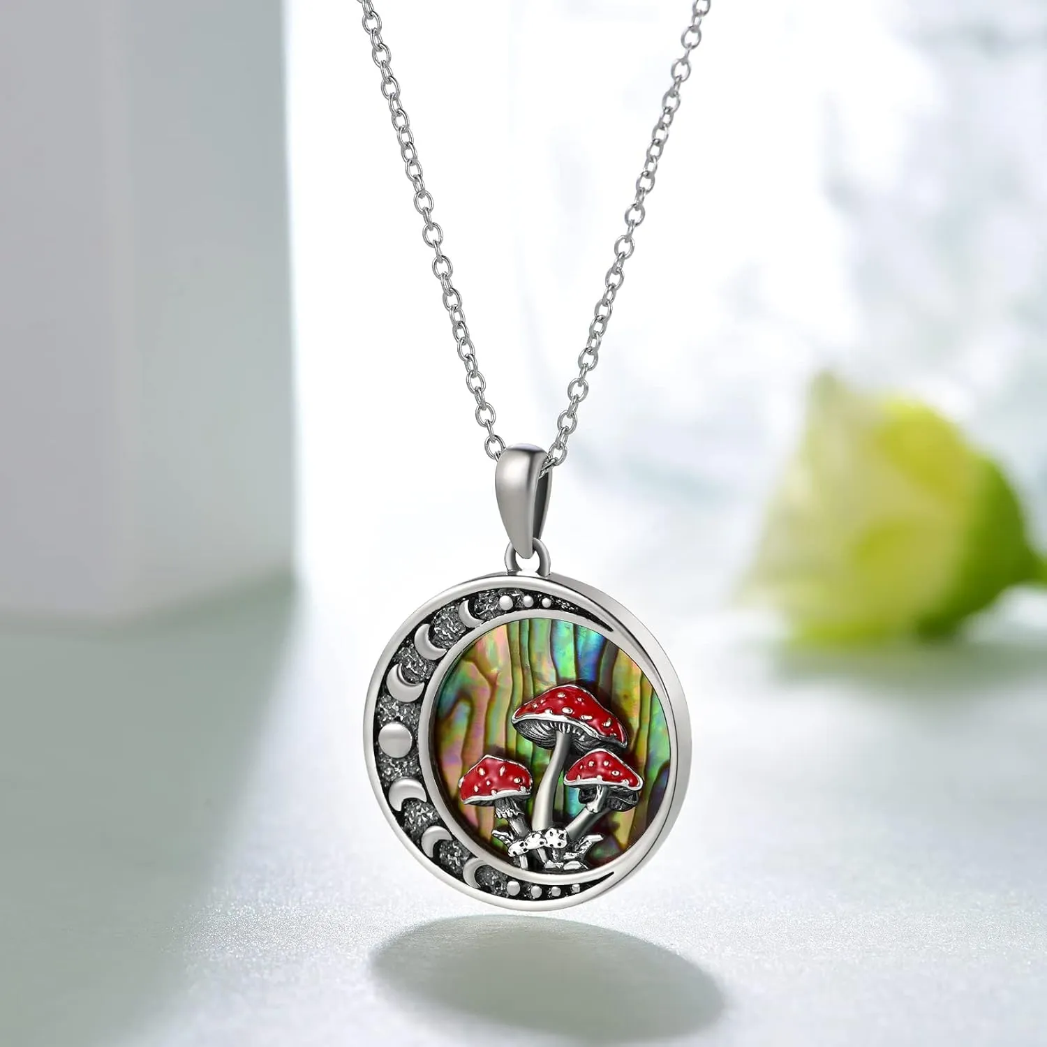 Moon Mushroom Necklace for Women,925 Sterling Silver Magical Red Mushroom Pendant Moon Phase Necklaces,Anniversary Birthday Gifts for Women Mom,18''-20''