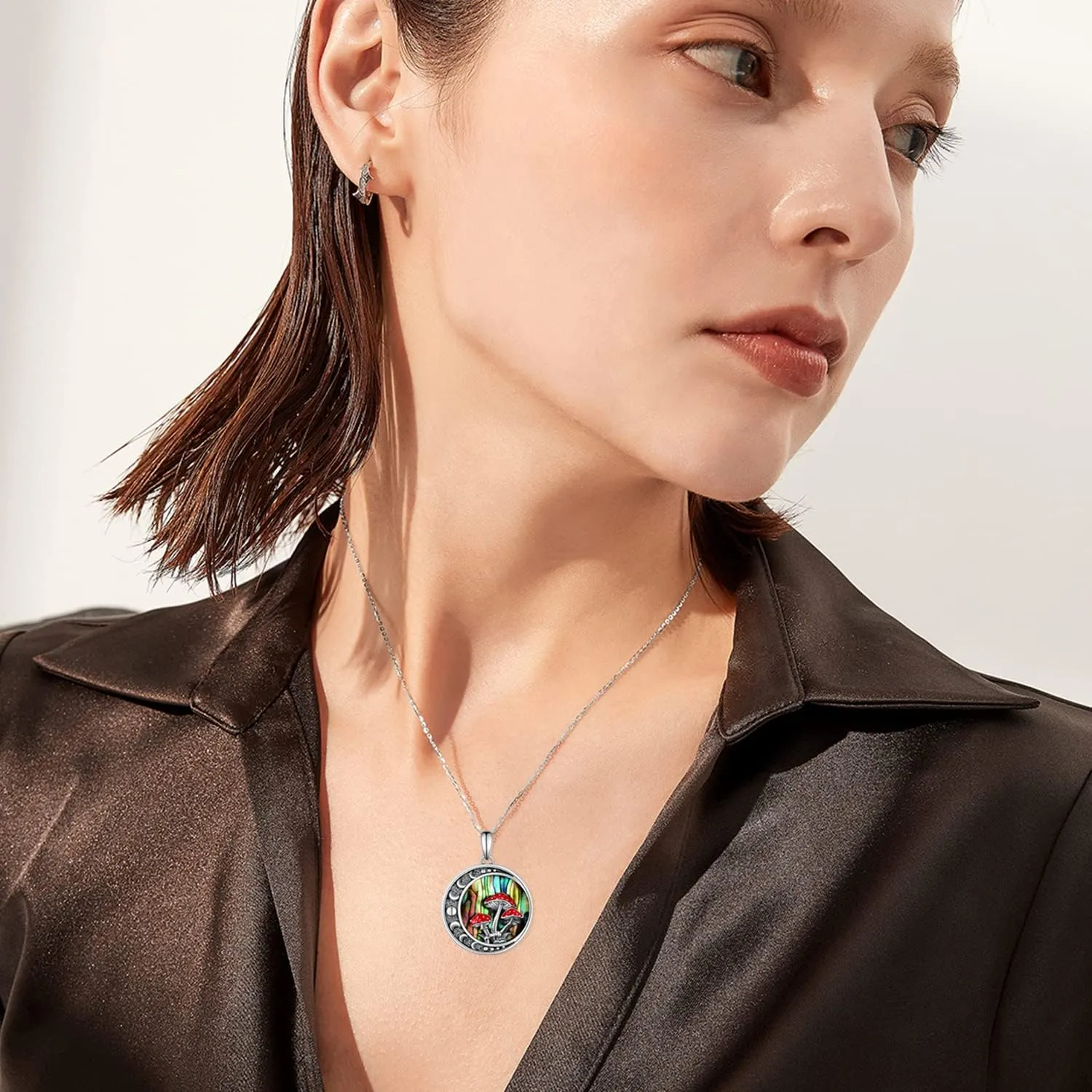 Moon Mushroom Necklace for Women,925 Sterling Silver Magical Red Mushroom Pendant Moon Phase Necklaces,Anniversary Birthday Gifts for Women Mom,18''-20''