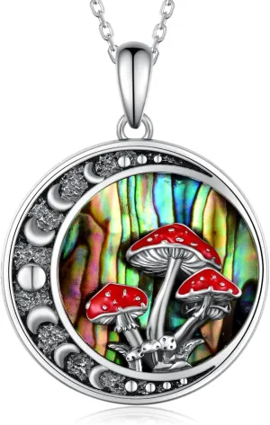 Moon Mushroom Necklace for Women,925 Sterling Silver Magical Red Mushroom Pendant Moon Phase Necklaces,Anniversary Birthday Gifts for Women Mom,18''-20''