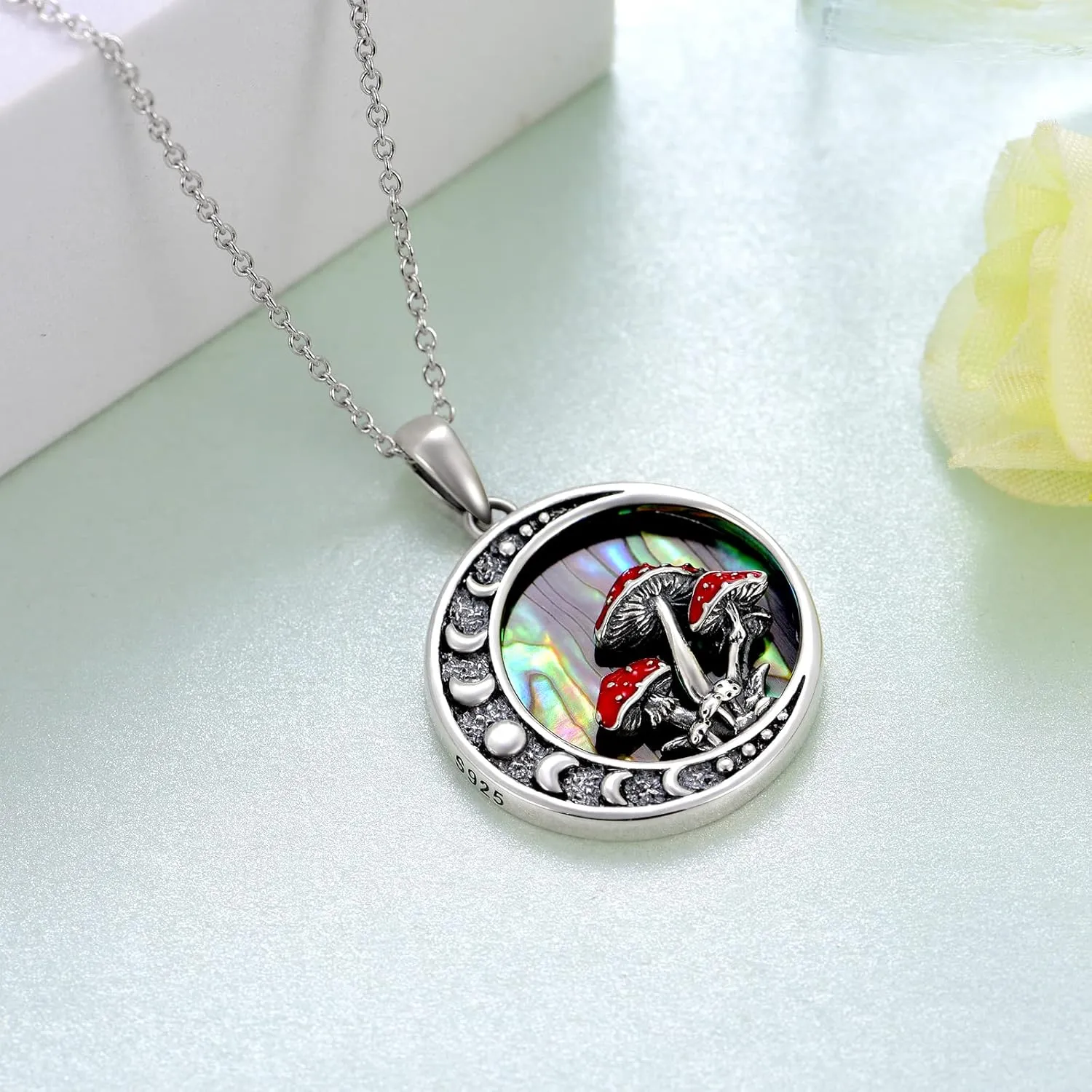 Moon Mushroom Necklace for Women,925 Sterling Silver Magical Red Mushroom Pendant Moon Phase Necklaces,Anniversary Birthday Gifts for Women Mom,18''-20''