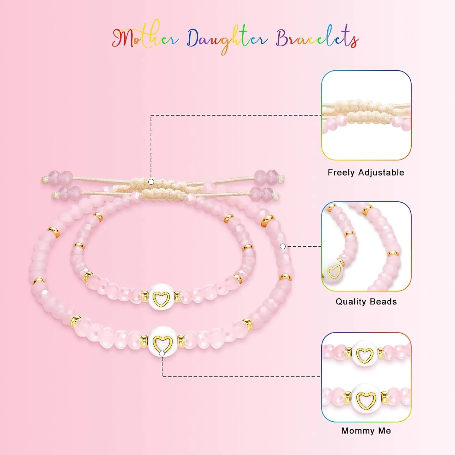 Mother Daughter Bead Bracelet Set for 2, Mommy and Me Matching Bead Bracelet, Mama and Mini Matching Heart Bracelets for Mom Daughter Valentines Mother's Day Gift
