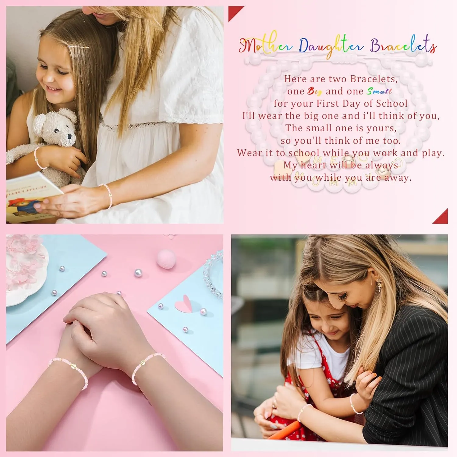 Mother Daughter Bead Bracelet Set for 2, Mommy and Me Matching Bead Bracelet, Mama and Mini Matching Heart Bracelets for Mom Daughter Valentines Mother's Day Gift