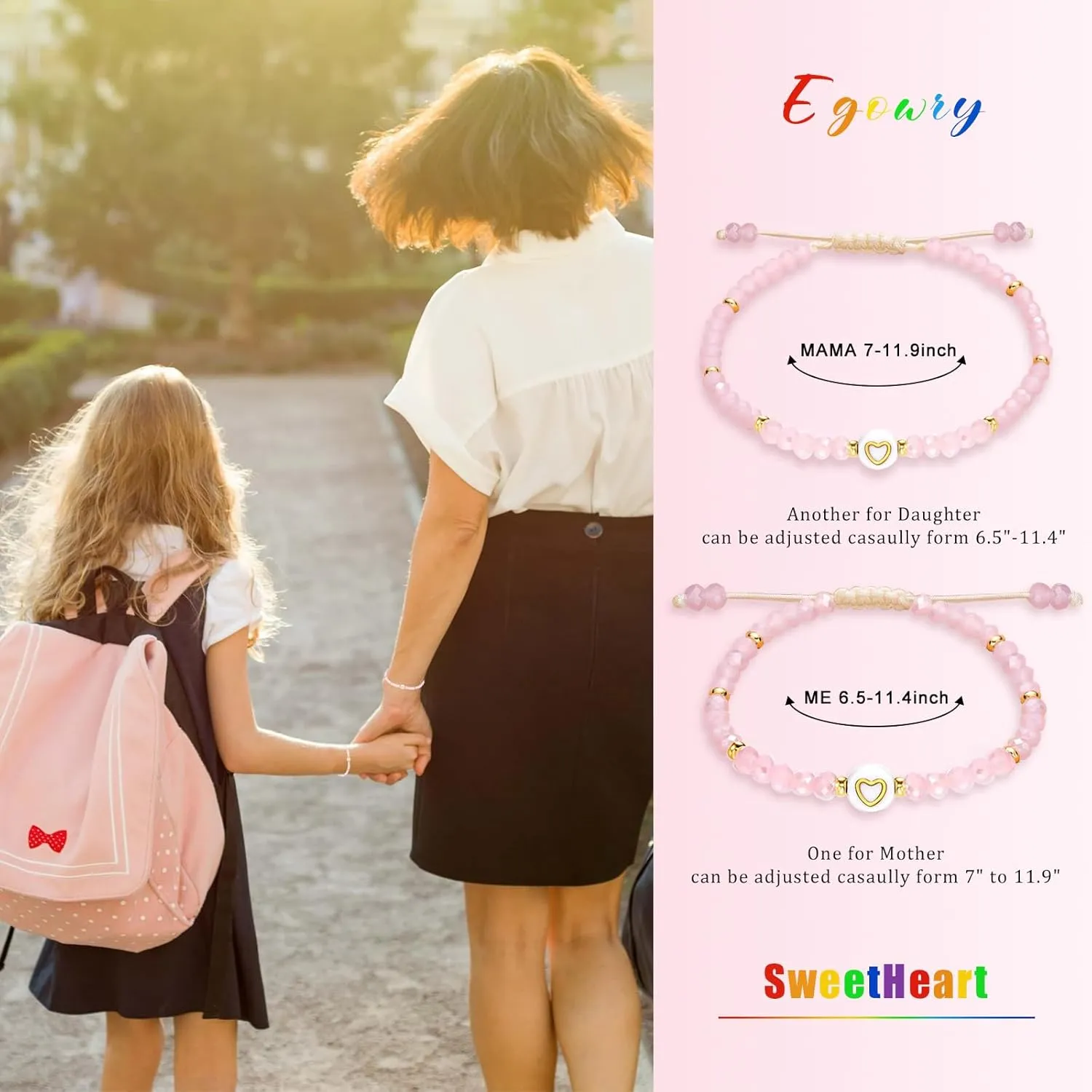 Mother Daughter Bead Bracelet Set for 2, Mommy and Me Matching Bead Bracelet, Mama and Mini Matching Heart Bracelets for Mom Daughter Valentines Mother's Day Gift