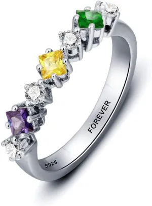 Mother Rings for Mom Couple Promise Rings for Her Personalized with 3 Simulated Birthstone Engagement Name Rings for Women (Silver, 10)