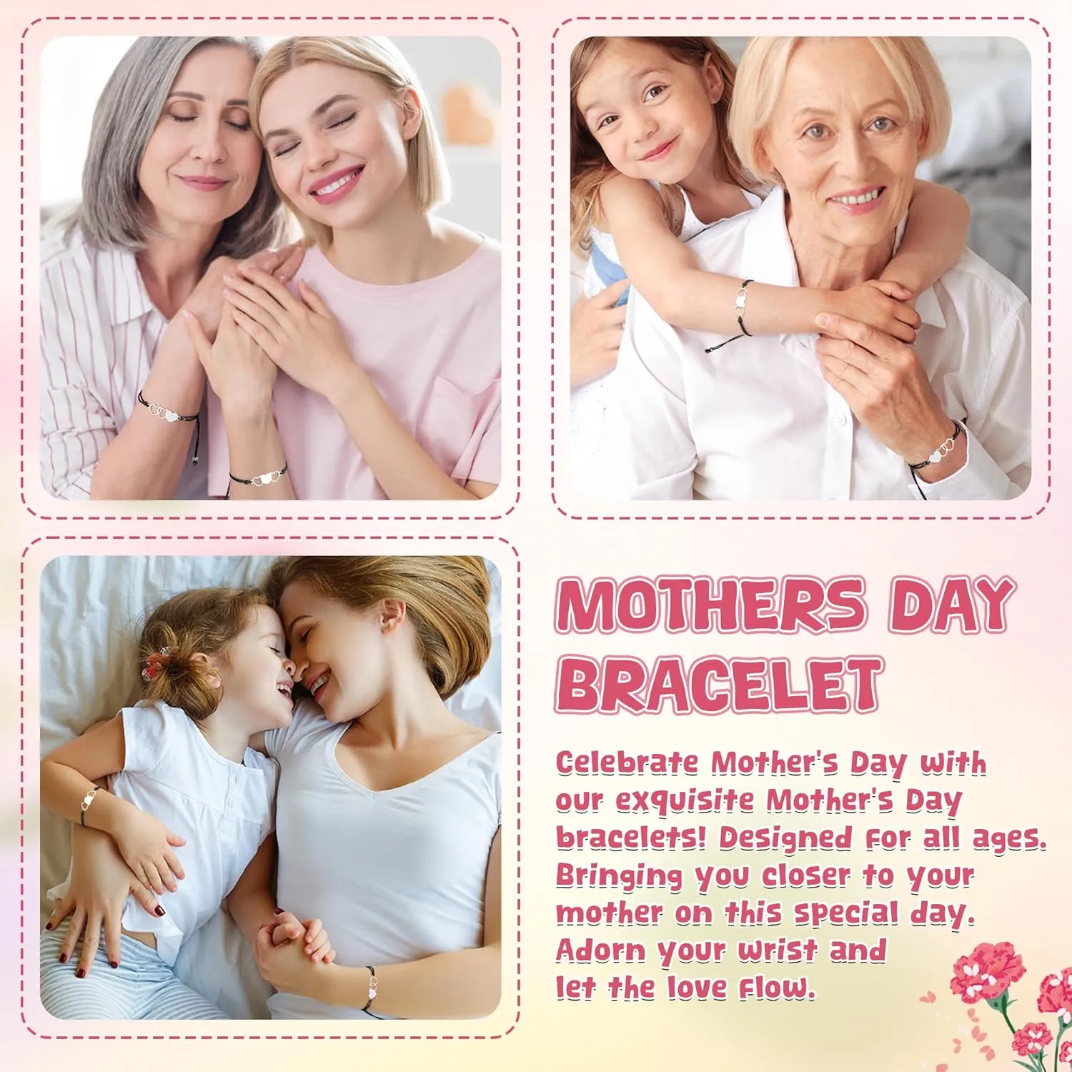 Mothers Day Bracelet Gifts, Adjustable Hearts Mother Daughter Bracelets with Card, Celebrate Love Mothers Day Gifts for Grandma Daughter Accessories