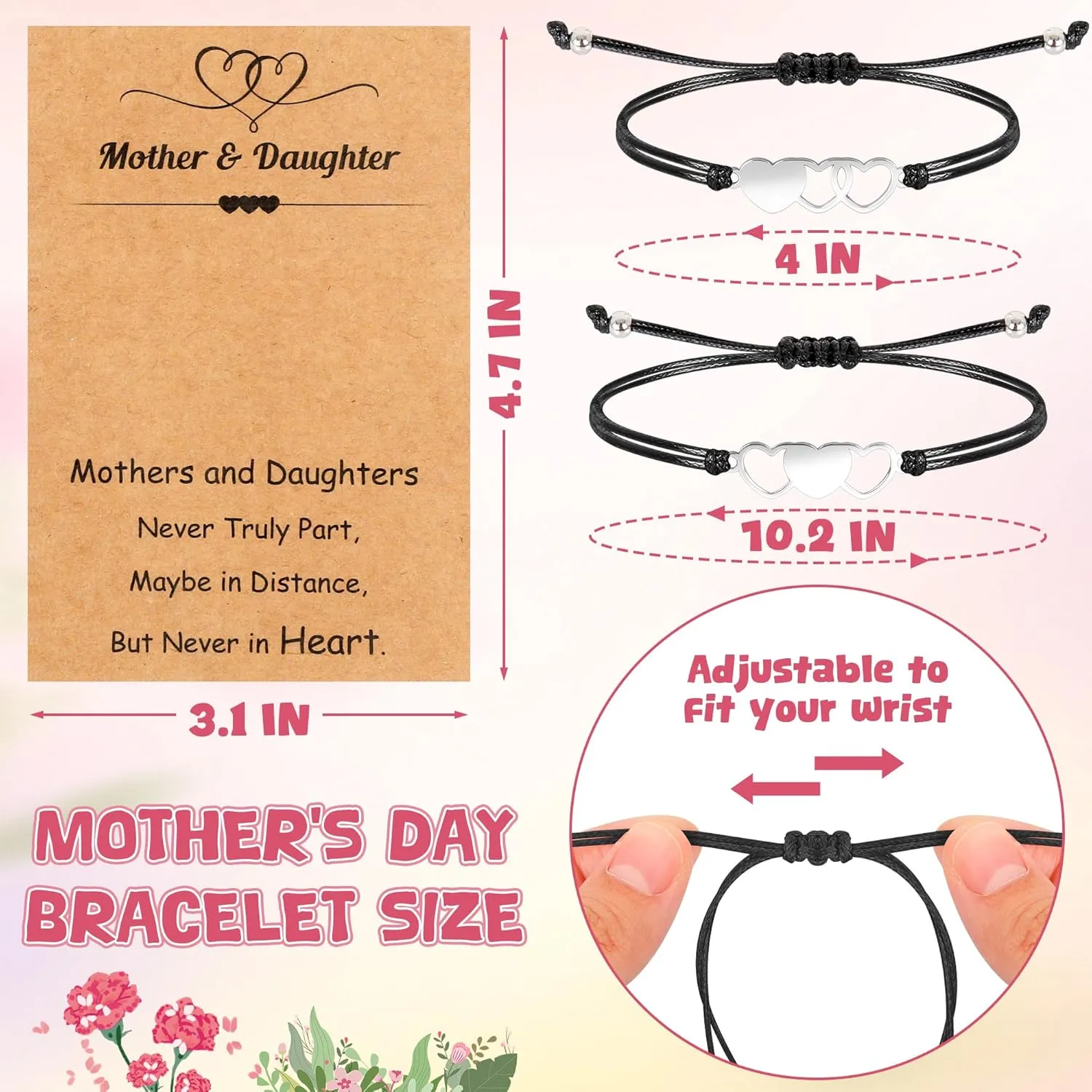Mothers Day Bracelet Gifts, Adjustable Hearts Mother Daughter Bracelets with Card, Celebrate Love Mothers Day Gifts for Grandma Daughter Accessories