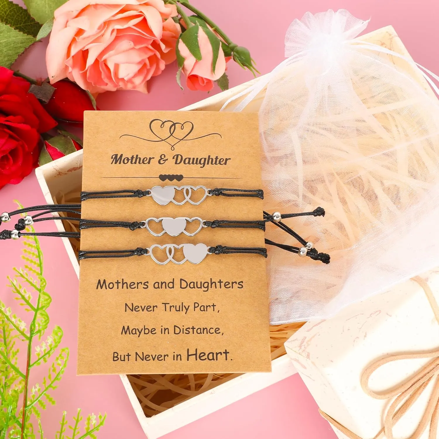 Mothers Day Bracelet Gifts, Adjustable Hearts Mother Daughter Bracelets with Card, Celebrate Love Mothers Day Gifts for Grandma Daughter Accessories