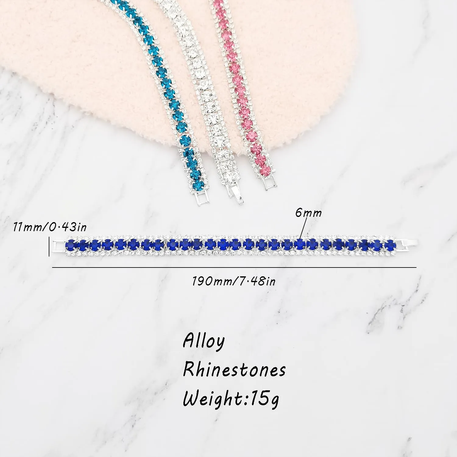 Multi Color 6mm Round Rhinestones Tennis Bracelets Silver Womens Red Blue Black Clear Rhinestones Jewelry