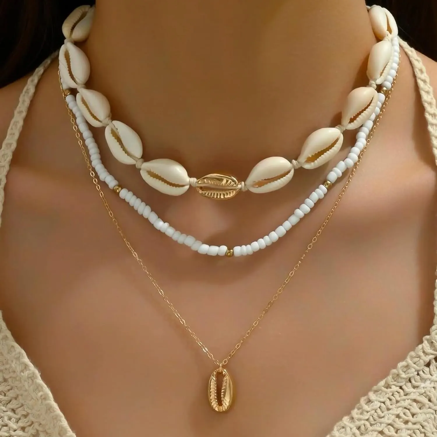 Nackiy Handmade Sea Shell Necklace for Women Summer Adjustable Natural Shell Collar Necklace (Beige Braided Rope)