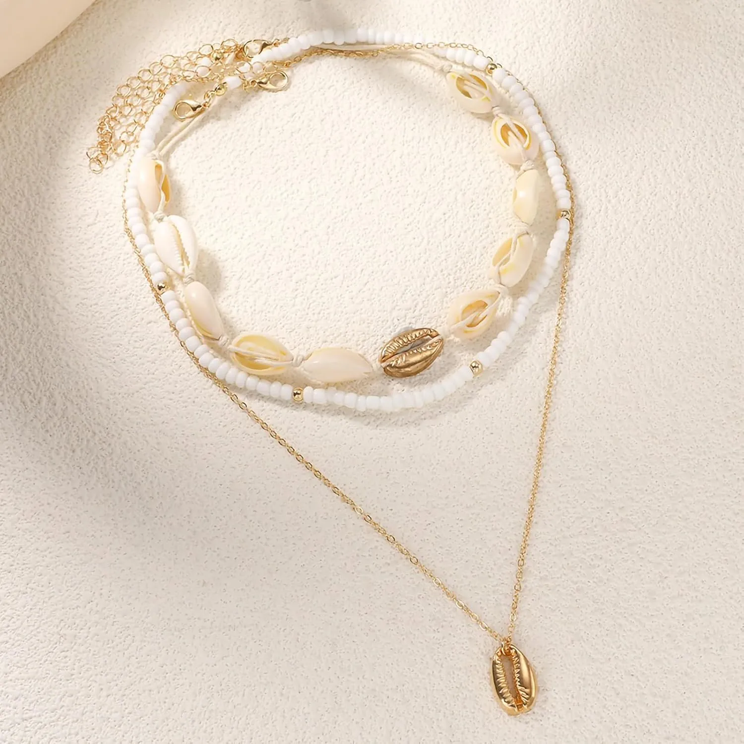 Nackiy Handmade Sea Shell Necklace for Women Summer Adjustable Natural Shell Collar Necklace (Beige Braided Rope)